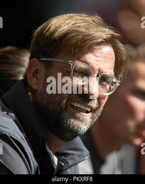 London, UK. 15th Sep, 2018. Liverpool's manager Jurgen Klopp reacts to the English Premier League match between Tottenham Hotspur and Liverpool at the Wembley Stadium in London, Britain on Sept. 15, 2018. Liverpool won 2-1. Credit: Han Yan/Xinhua/Alamy Live News Stock Photo