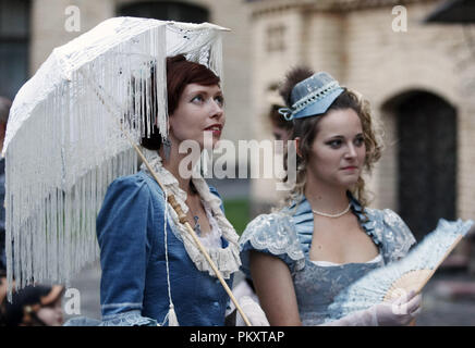 Kiev, Ukraine. 15th Sep, 2018. Women wearing steampunk costumes are seen during ''VI KyivSteamCon'' event in Kiev.The Steampunk festival involving workshops, talks, competitions, dances and lectures attracts fans of subgenre steampunk, cosplay and science fiction. Credit: Pavlo Gonchar/SOPA Images/ZUMA Wire/Alamy Live News Stock Photo