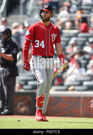 Washington Nationals Bryce Harper walks off after hitting a group out  single against the Philadelphia Phillies in the sixth inning at Nationals  Park in Washington, D.C. on April 28, 2016. Photo by