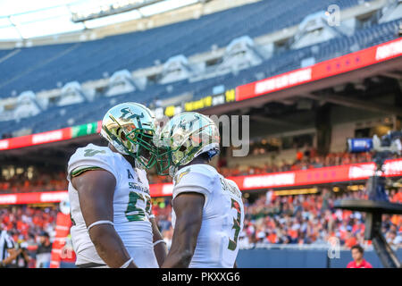 Chicago, USA. 15th September 2018. South Florida Bulls wide receiver Darnell Salomon (3) celebrates a second half touchdown during NCAA football game action between the University of Illinois Fighting Illini vs the University of South Florida Bulls at Soldier Field in Chicago, IL Credit: Cal Sport Media/Alamy Live News Stock Photo