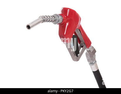 A gasoline pump nozzle with a red vinyl covered handle isolated on white Stock Photo