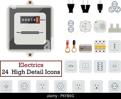Set of 24  Electrics Icons. Flat color design. Vector illustration. Stock Vector