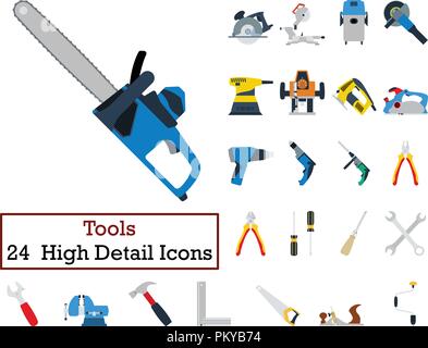 Set of 24  Tools Icons. Flat color design. Vector illustration. Stock Vector