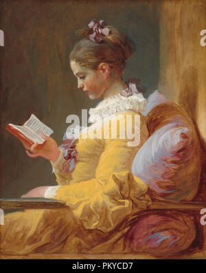 Young Girl Reading. Dated: c. 1769. Dimensions: overall: 81.1 x 64.8 cm (31 15/16 x 25 1/2 in.)  framed: 104.9 x 89.5 x 2.2 cm (41 5/16 x 35 1/4 x 7/8 in.). Medium: oil on canvas. Museum: National Gallery of Art, Washington DC. Author: FRAGONARD, JEAN-HONORE. JEAN-HONORE FRAGONARD. Stock Photo