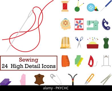 Set of 24  Sewing Icons. Flat color design. Vector illustration. Stock Vector