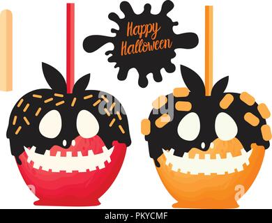 Red and orange Apple with chocolate Sweet candy on sticks. Happy Halloween dessert. Vector illustration on white background. Stock Vector