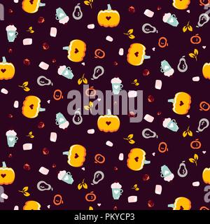Autumn warm seamless vector pattern with pumpkins and coffee drinks. Stock Vector