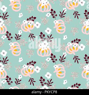 Autumn beautiful chic seamless vector pattern with pumpkins and flowers on blue background. Stock Vector