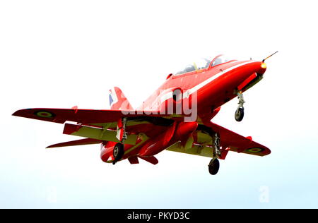 RAF Red Arrow about to land at Hawarden Airport with wheels down Stock Photo