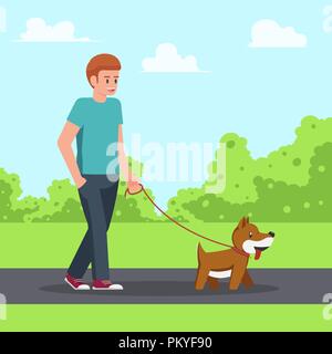 Man walking with his dog in the garden. urban life and relax concept. Stock Vector