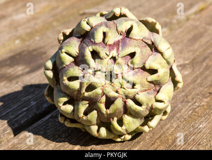 Close up of leaves at top of globe artichoke fruit on wooden table surface Stock Photo