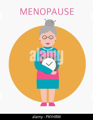 Menopause icon isolated on white. Grandmother is holding alarm clock. Vector illustration Stock Vector