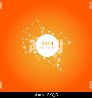 2019 New Year illustration made by points and lines, polygonal wireframe mesh on orange background. Vector. Stock Vector