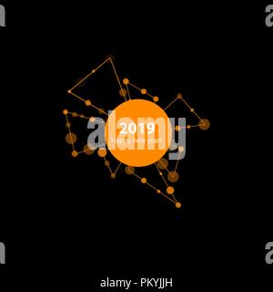 2019 New Year illustration made by points and lines, polygonal wireframe mesh on black background. Vector Stock Vector