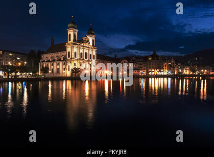 Night view of Jesuitenkirche in Lake Lucerne, Vierwaldstättersee Stock Photo