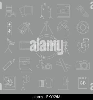 Photography icon set with photo, camera equipment. Outline version. Vector illustration Stock Vector
