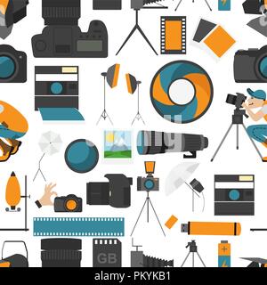 Photography seamless pattern with photo, camera equipment.  Vector illustration Stock Vector