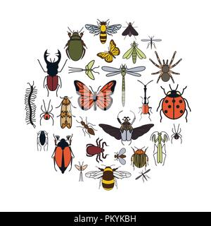 Insects icon flat style. 24 pieces in set. Colour version. Vector illustration Stock Vector