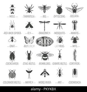 Insects icon flat style. 24 pieces in set. Outline version. Vector illustration Stock Vector