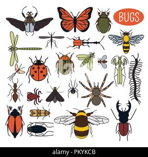 Insects icon flat style. 24 pieces in set. Colour version. Vector illustration Stock Vector