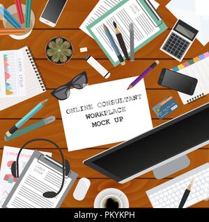 Workspace of the online consultant. Mock up for creating your own modern creative office desktop workshop style. Flat design vector mock up. Vector il Stock Vector
