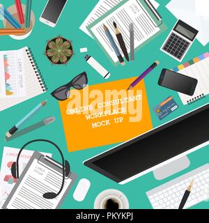 Workspace of the online consultant. Mock up for creating your own modern creative office desktop workshop style. Flat design vector mock up. Vector il Stock Vector