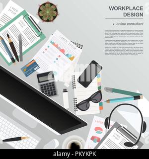 Workspace of the online consultant. Mock up for creating your own modern creative office desktop workshop style. Flat design vector mock up. Vector il Stock Vector