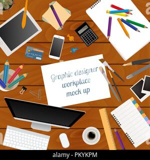 Workspace of the graphic designer. Mock up for creating your own modern creative office desktop workshop style. Flat design vector mock up. Vector ill Stock Vector