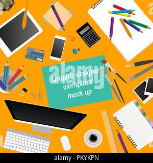 Workspace of the graphic designer. Mock up for creating your own modern creative office desktop workshop style. Flat design vector mock up. Vector ill Stock Vector