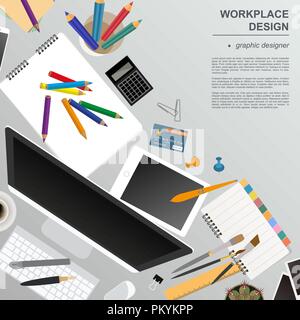 Workspace of the graphic designer. Mock up for creating your own modern creative office desktop workshop style. Flat design vector mock up. Vector ill Stock Vector
