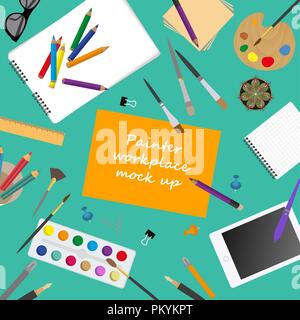 Workspace of the painter, artist. Mock up for creating your own modern creative office desktop workshop style. Flat design vector mock up. Vector illu Stock Vector
