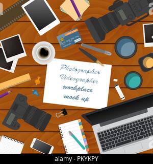 Workspace of the photographer, videographer. Mock up for creating your own modern creative office desktop workshop style. Flat design vector mock up.  Stock Vector
