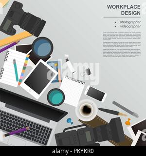 Workspace of the photographer, videographer. Mock up for creating your own modern creative office desktop workshop style. Flat design vector mock up.  Stock Vector