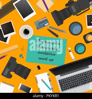 Workspace of the photographer, videographer. Mock up for creating your own modern creative office desktop workshop style. Flat design vector mock up.  Stock Vector