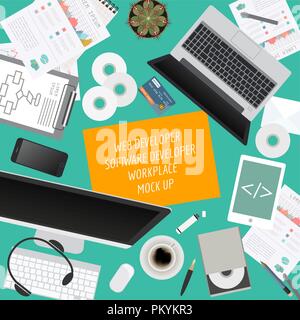 Workspace of the web developer, software developer. Mock up for creating your own modern creative office desktop workshop style. Flat design vector mo Stock Vector