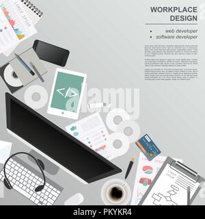 Workspace of the web developer, software developer. Mock up for creating your own modern creative office desktop workshop style. Flat design vector mo Stock Vector