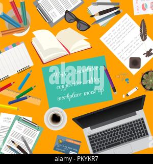 Workspace of the writer, translator, copywriter, editor. Mock up for creating your own modern creative office desktop workshop style. Flat design vect Stock Vector