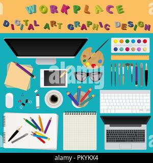 Digital art and graphic design. Working place in flat design. Constructor of your own work space. Vector illustration Stock Vector