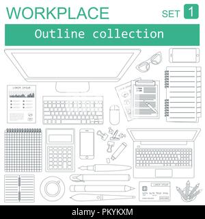 Working place in outline linear flat design. Constructor of your own work space. Vector illustration Stock Vector
