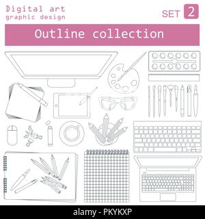 Digital art and graphic design. Working place in outline linear flat design. Constructor of your own work space. Vector illustration Stock Vector