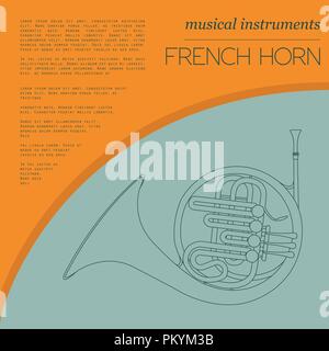 Musical instruments graphic template. French horn. Vector illustration Stock Vector