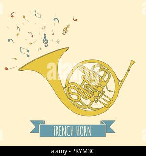 Musical instruments graphic template. French horn. Vector illustration Stock Vector