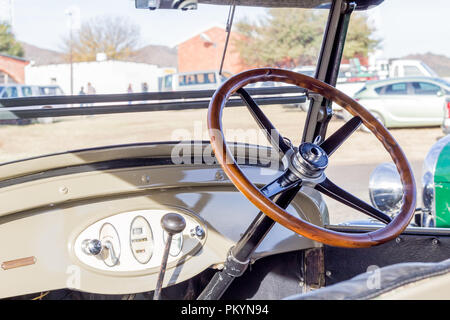 Queenstown, South Africa, 17 June 2017: Vintage Chevrolet vehicle on display at Queenstown Air Show Dash view with steering wheel of classic car - Ill Stock Photo