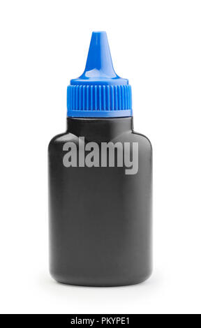 The small plastic bottle black color packaging isolated on white background Stock Photo