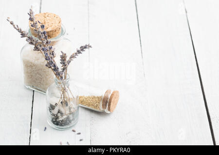 Lavender dried flowers with sea salt. Space for text. Stock Photo
