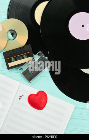 Background with outdated music storage devices. Stock Photo