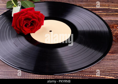 Red rose on black vinyl record. Stock Photo