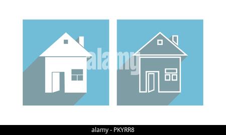 Flat icons of contour and silhouette houses with open door and window for websites and applications, long shadow Stock Vector