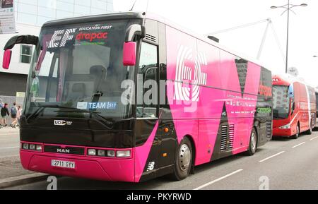 Education First EF cycling team coach near the finish line at the 1st stage of the Tour of Britain 2018 in the city of Newport South Wales GB UK 2018 Stock Photo