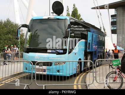 Sky Cycling Team coach near the finish line at the 1st stage of the Tour of Britain 2018 in the city of Newport South Wales GB UK 2018 Stock Photo